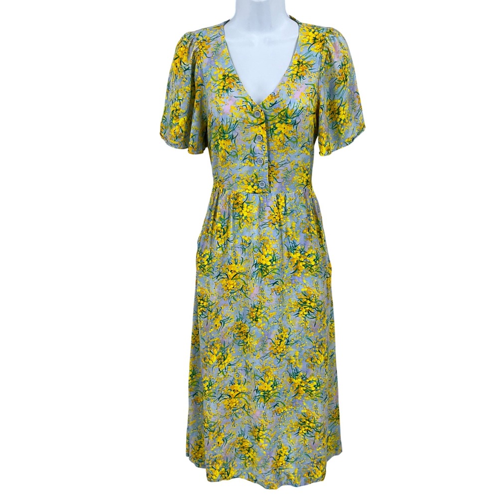 & Other Stories Midi Dress Womens 2 Blue Yellow Floral Boho Classic V-Neck